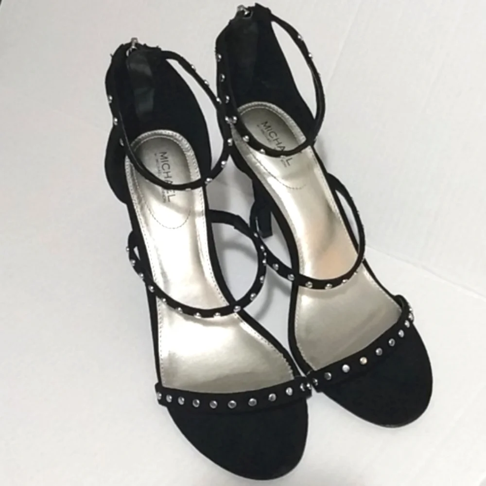 MICHAEL SHANNON BLACK SILVER STUDDED STRAPPY STILETTO SANDALS SIZE 9